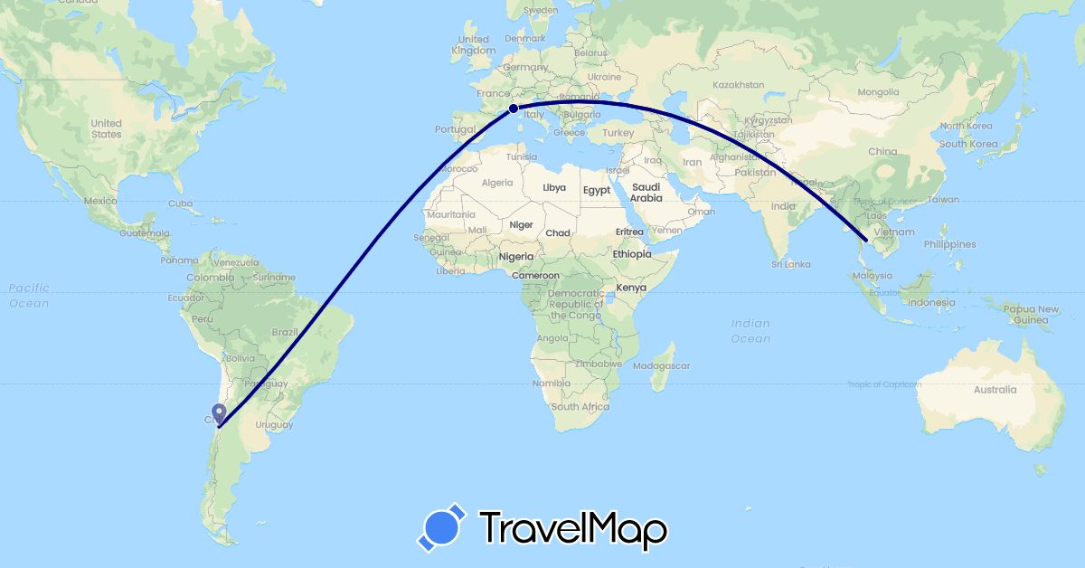 TravelMap itinerary: driving in Chile, France, Thailand (Asia, Europe, South America)